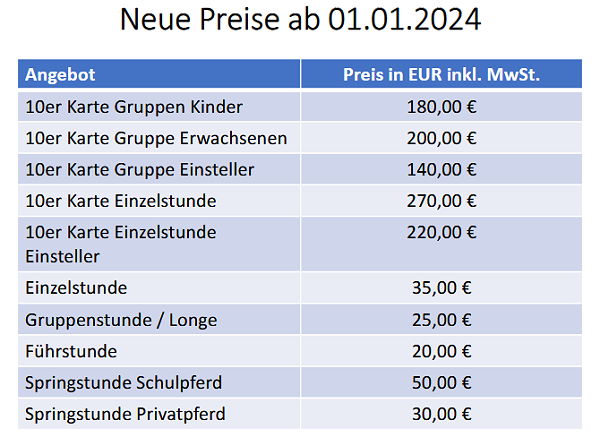 Preisliste 2024 Reiten Pferde Bliesberger Hof