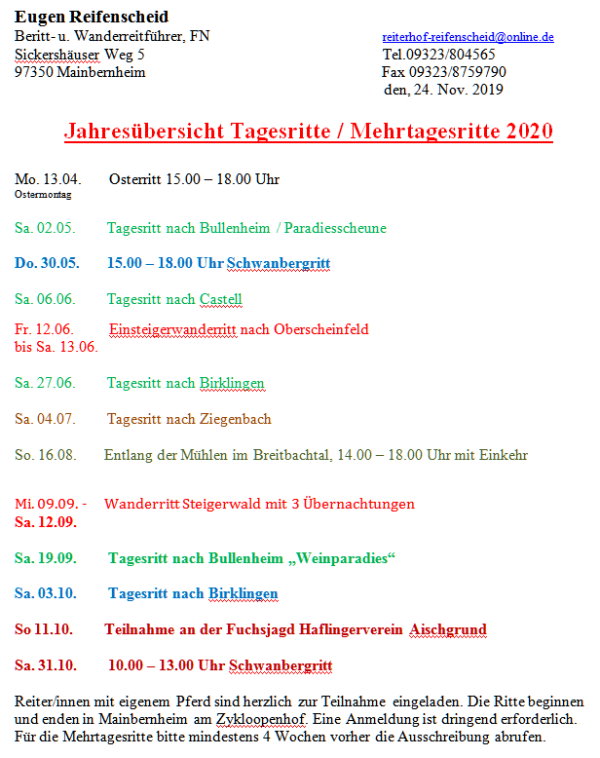 Preisliste 2020 Reiterferien im Bayern Reiterhof Reifenscheid
